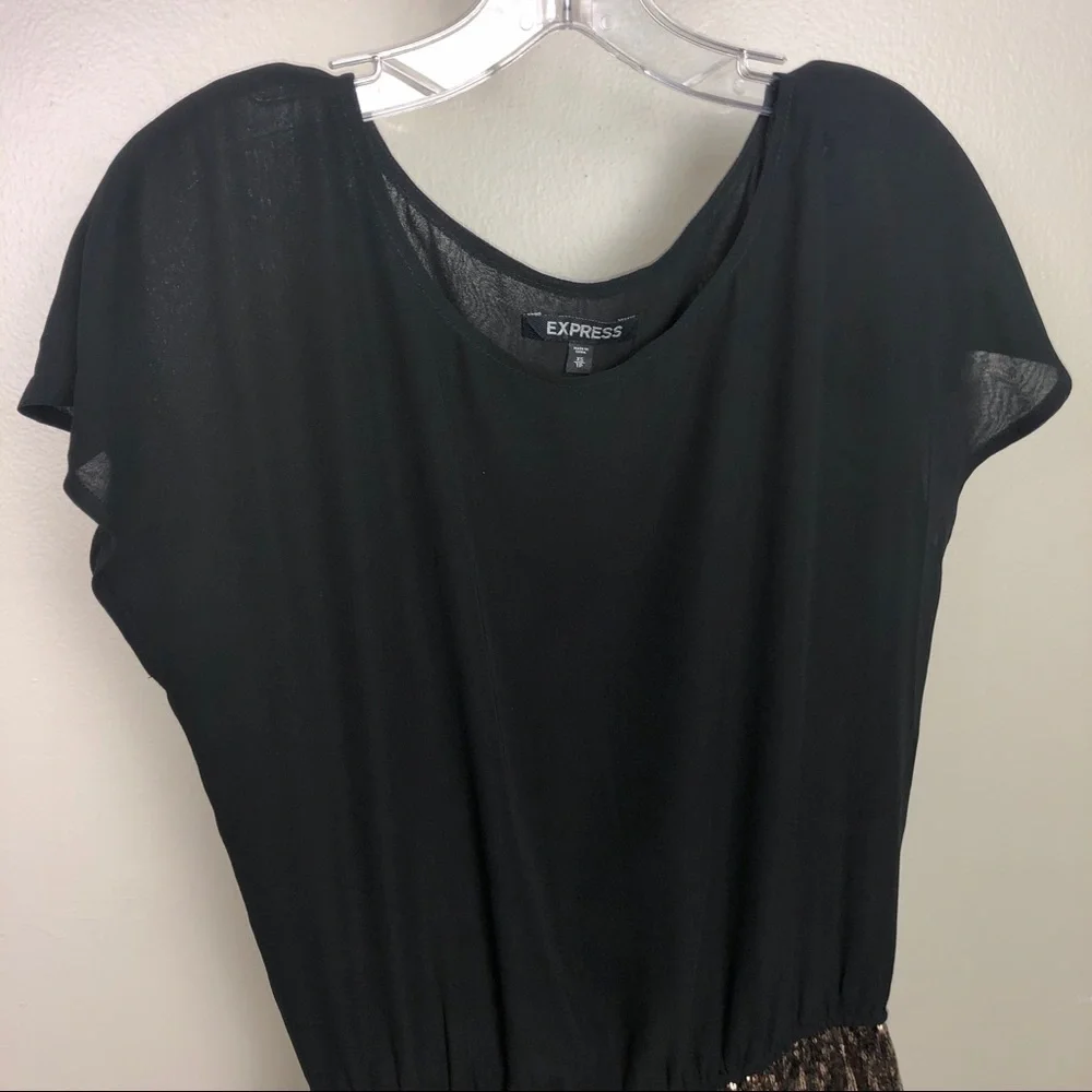 Express Y2K Blouson Mini Dress Black Drop Waist Copper Gold Sequin Skirt Size XS - Picture 8 of 8